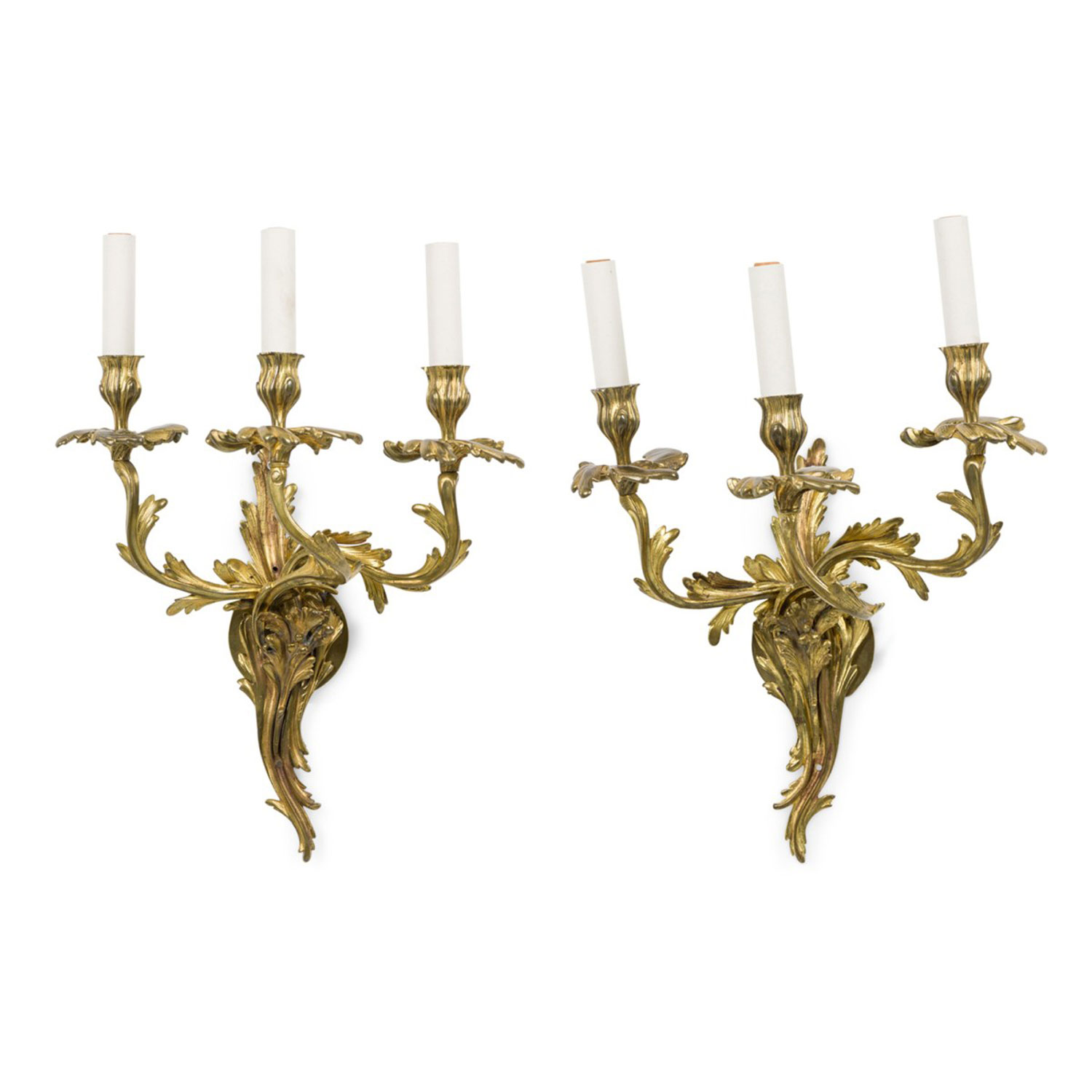 Pair of french art nouveau 3 armed brass wall sconce 