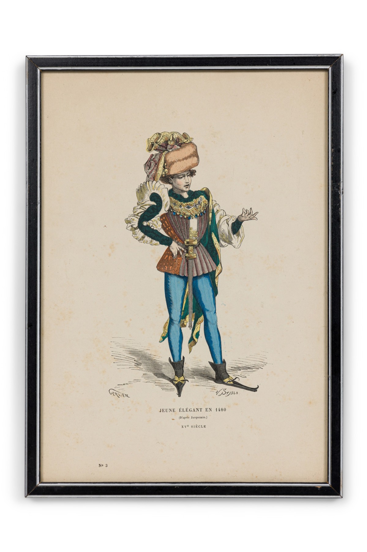 French 19th Century Framed Lithograph of a Parisian Man in Renaissance Attire