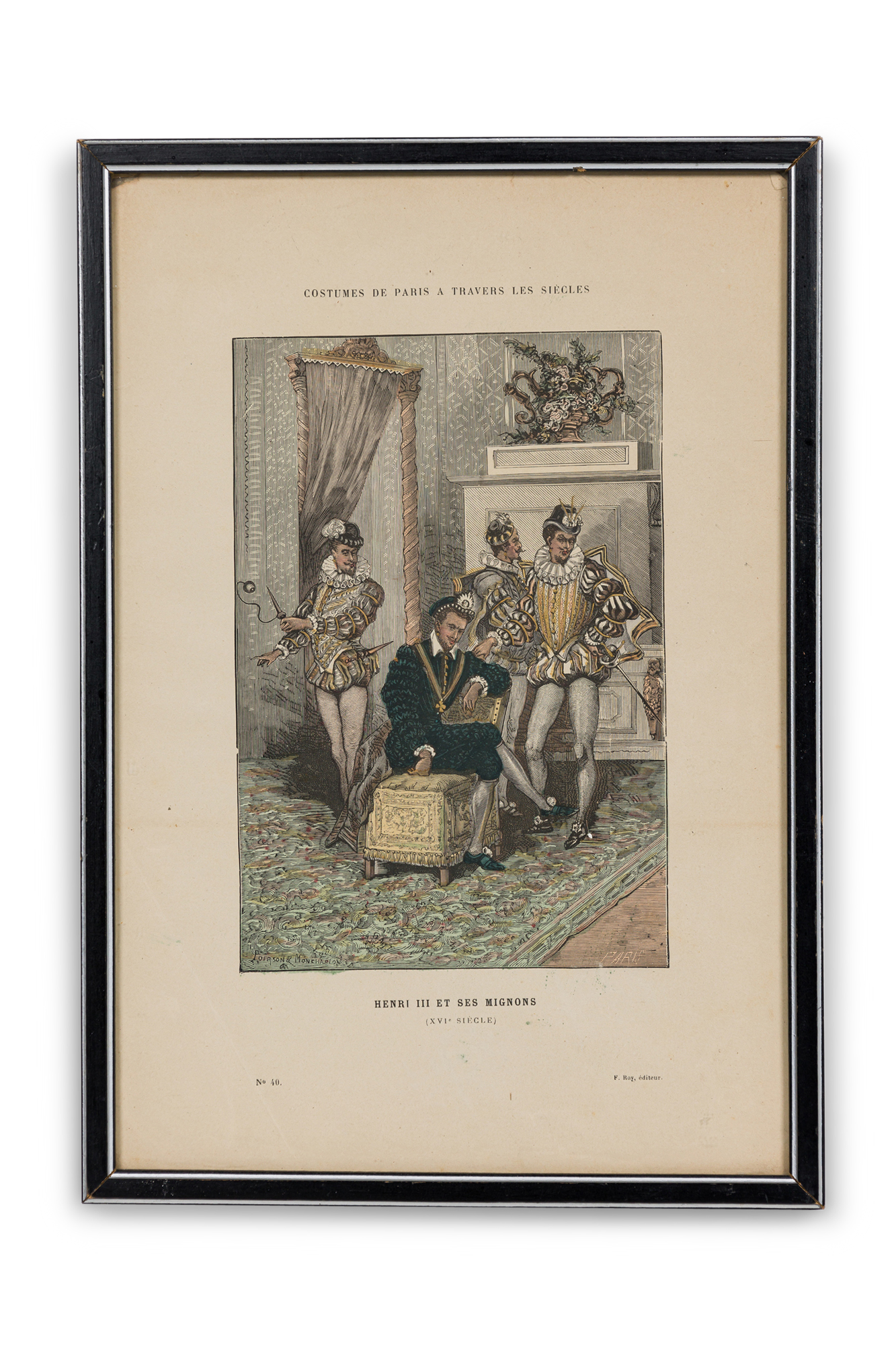 French 19th Century Framed Lithograph of King Henry III of France with Companions in Renaissance Attire