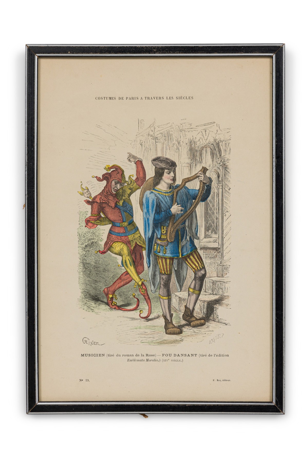 French 19th Century Framed Lithograph of a Musician and a Fool in Early Renaissance Attire