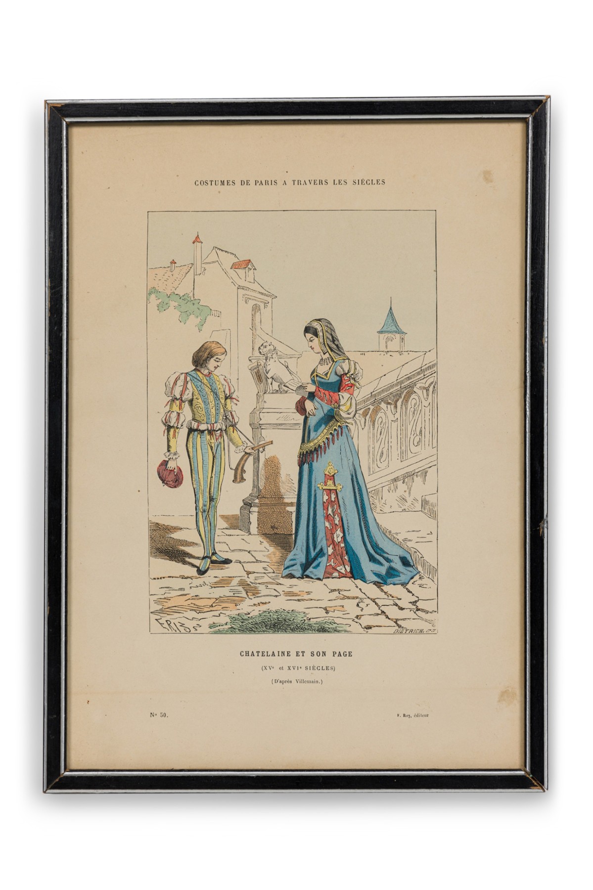 French 19th Century Framed Lithograph of a Lady of the Chateau and her Page in Renaissance Attire
