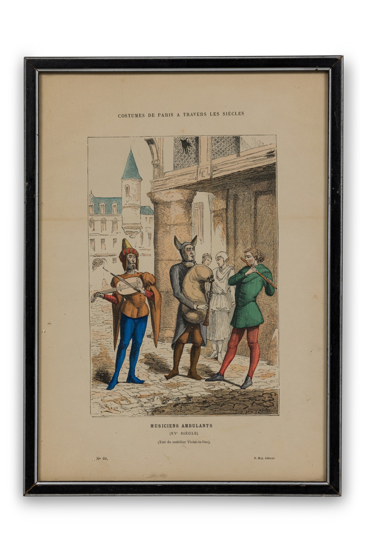 French 19th Century Framed Lithograph of Wandering Musicians in Renaissance Attire
