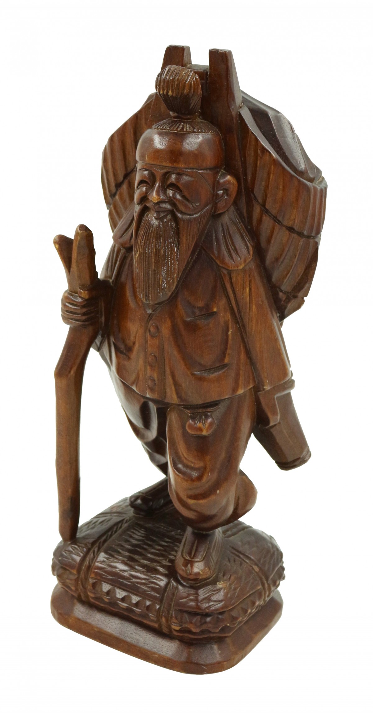 Vintage Asian Carved Figure of a Man with Pack and Walking Stick