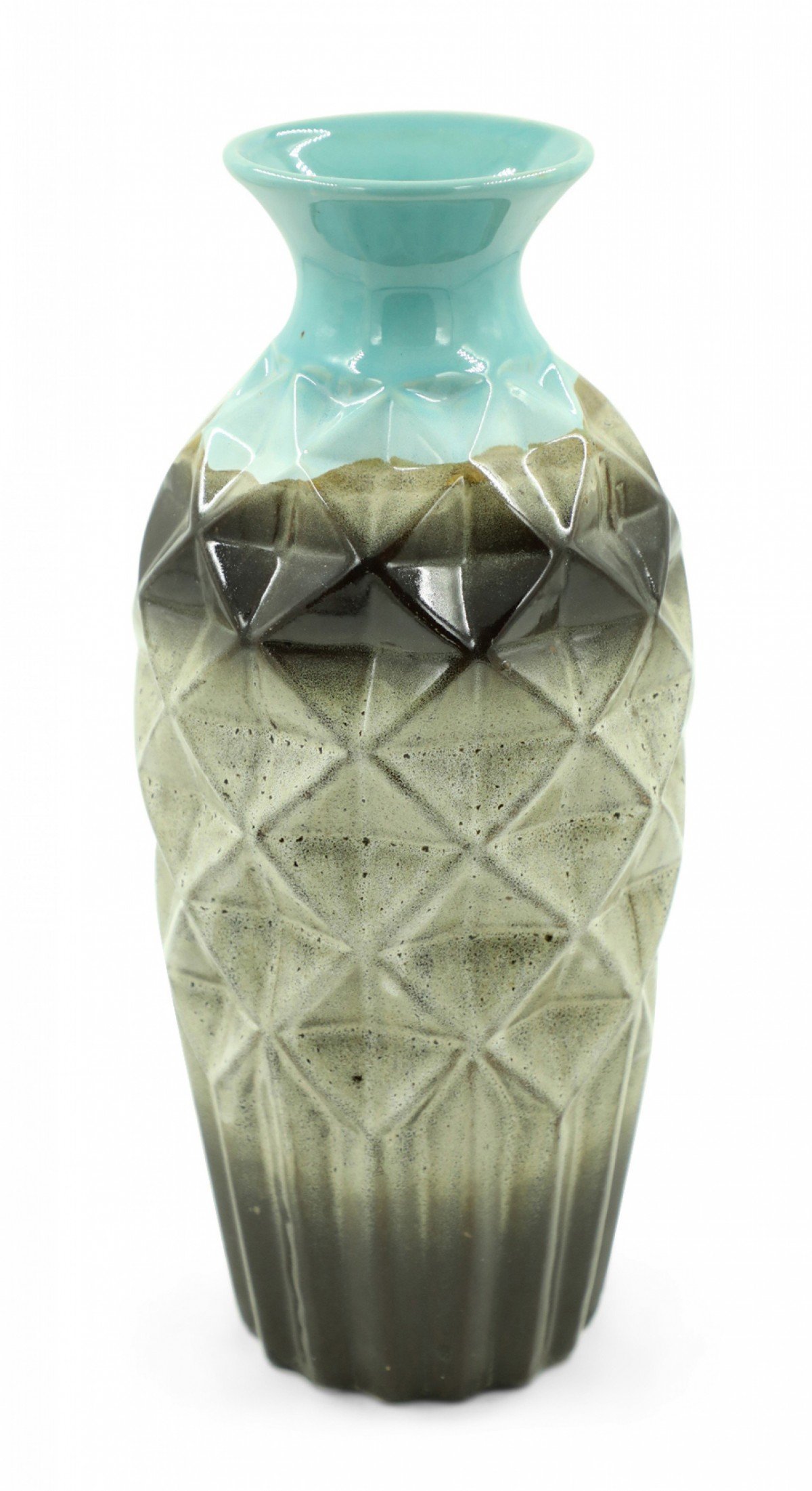Geometric Faceted and Fluted Rim Blue and Brown Vase