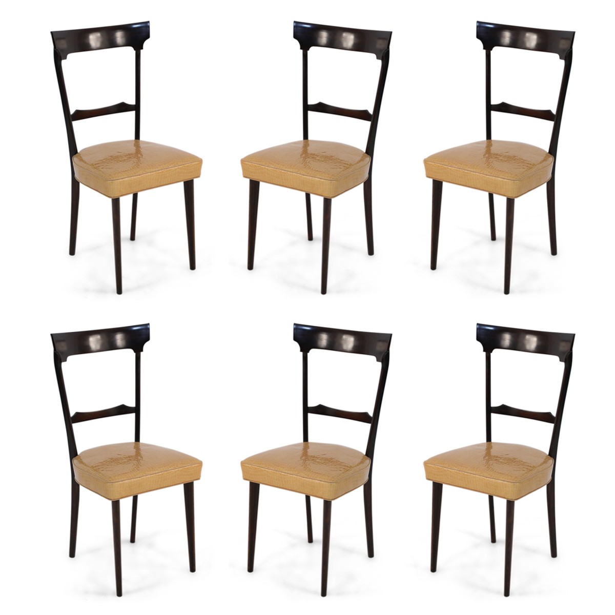 Set of 8 Ico Parisi Italian Mid Century Mahogany Frame and Yellow Alligator Upholstered Dining Side