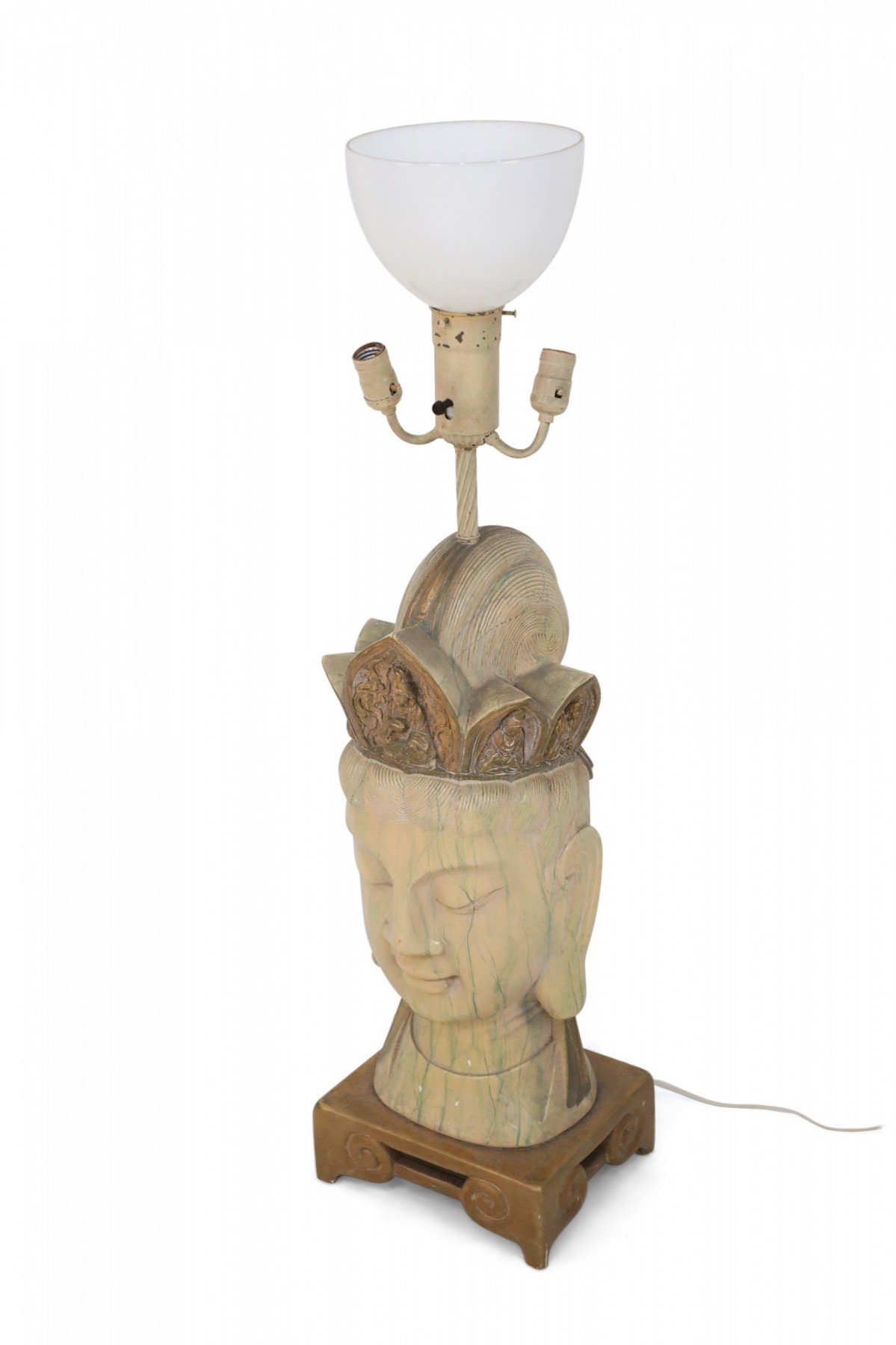 Large Chinese Carved and Painted Wooden Buddha Head Table Lamp