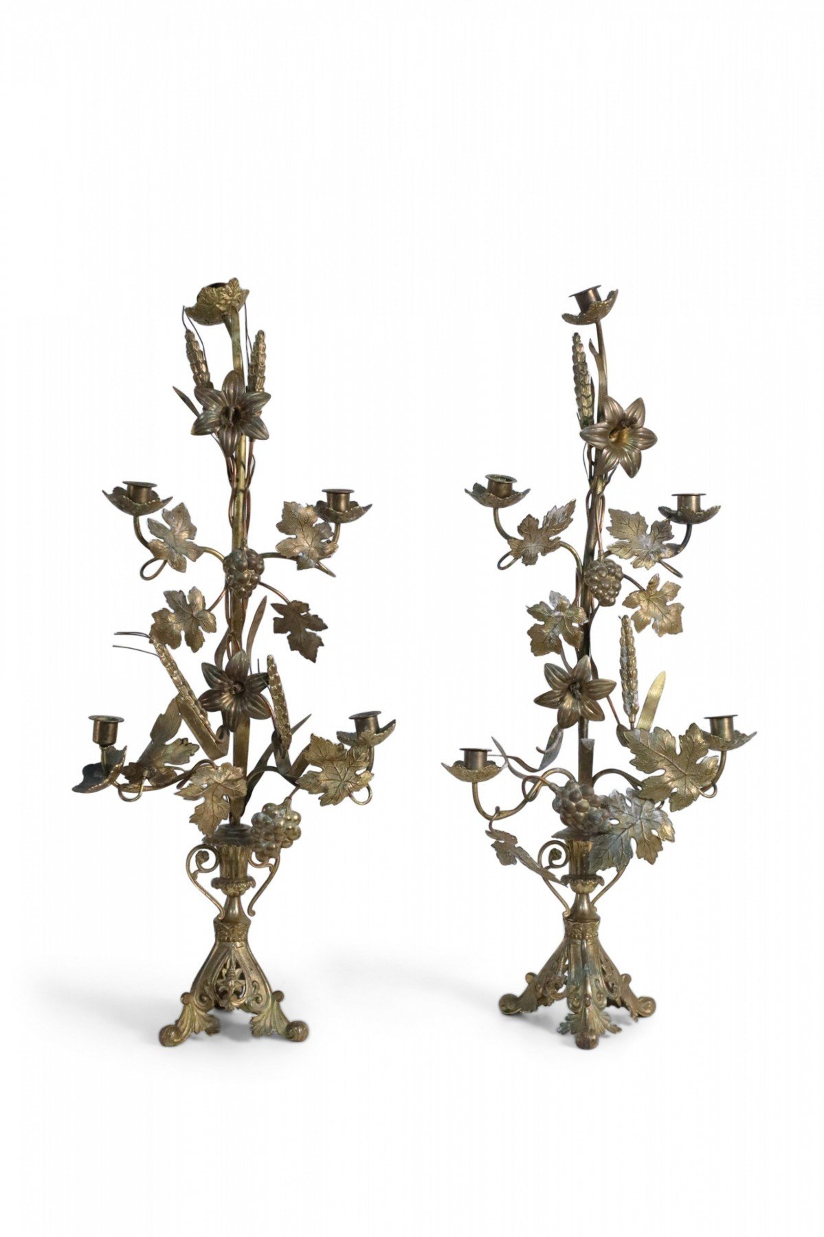 Pair of French Provincial Grape Leaf and Wheat Sheaf Harvest Motif Bronze Candleabras