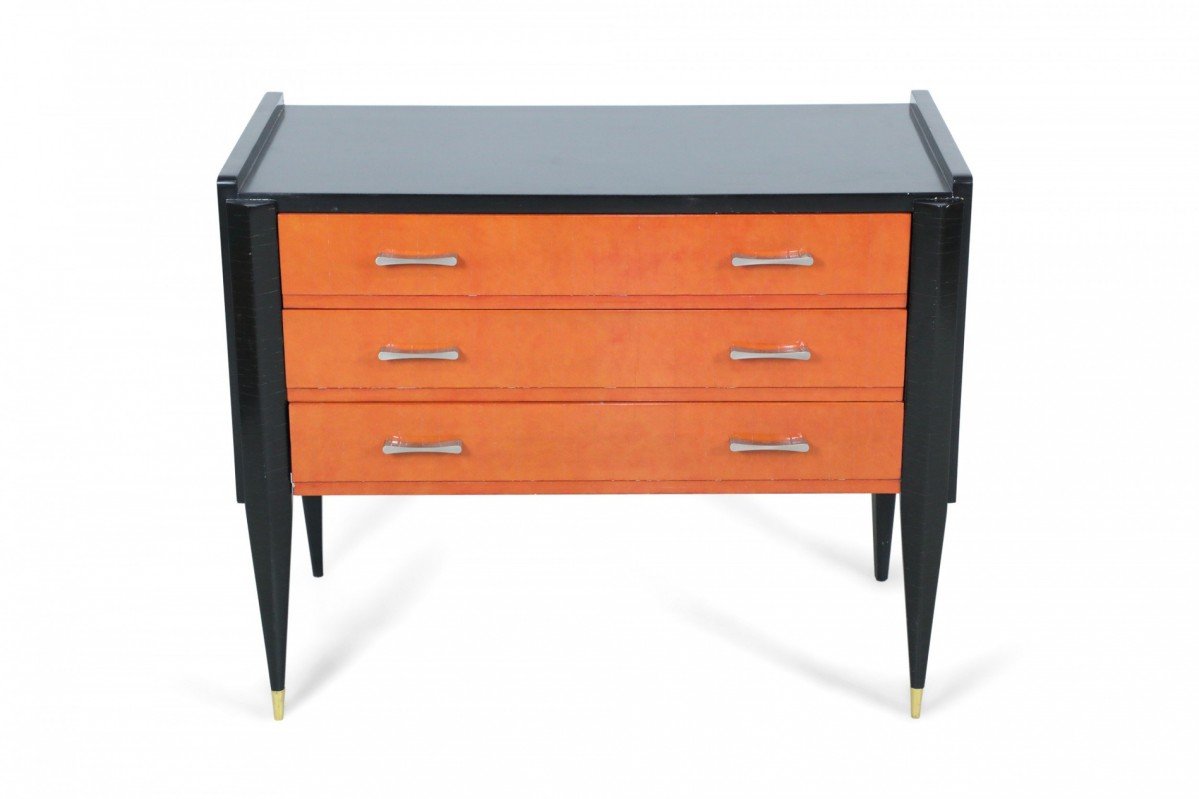 Art deco black and orange painted 3 drawer chest with beveled front legs and bronze sabots