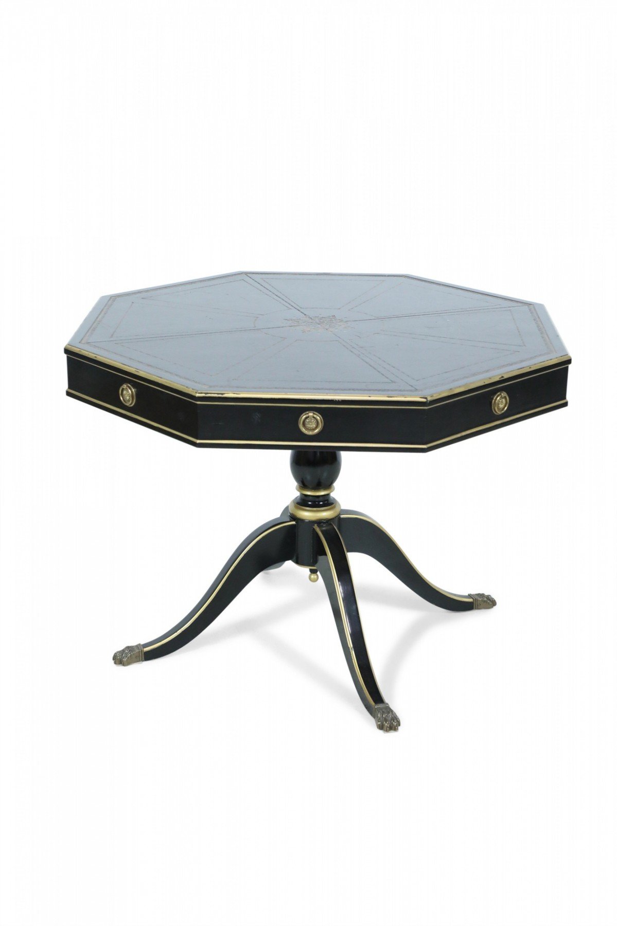 Hexagonal black painted and gilted pedestal table with embossed leather top