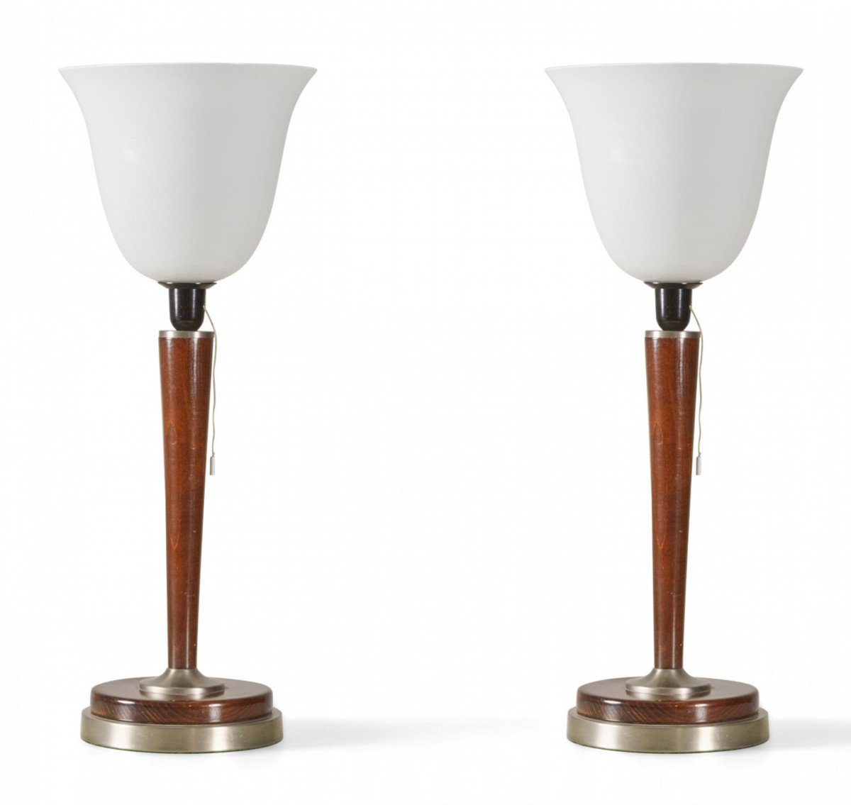 Pair of art deco style metal and wood table lamps with white glass shades