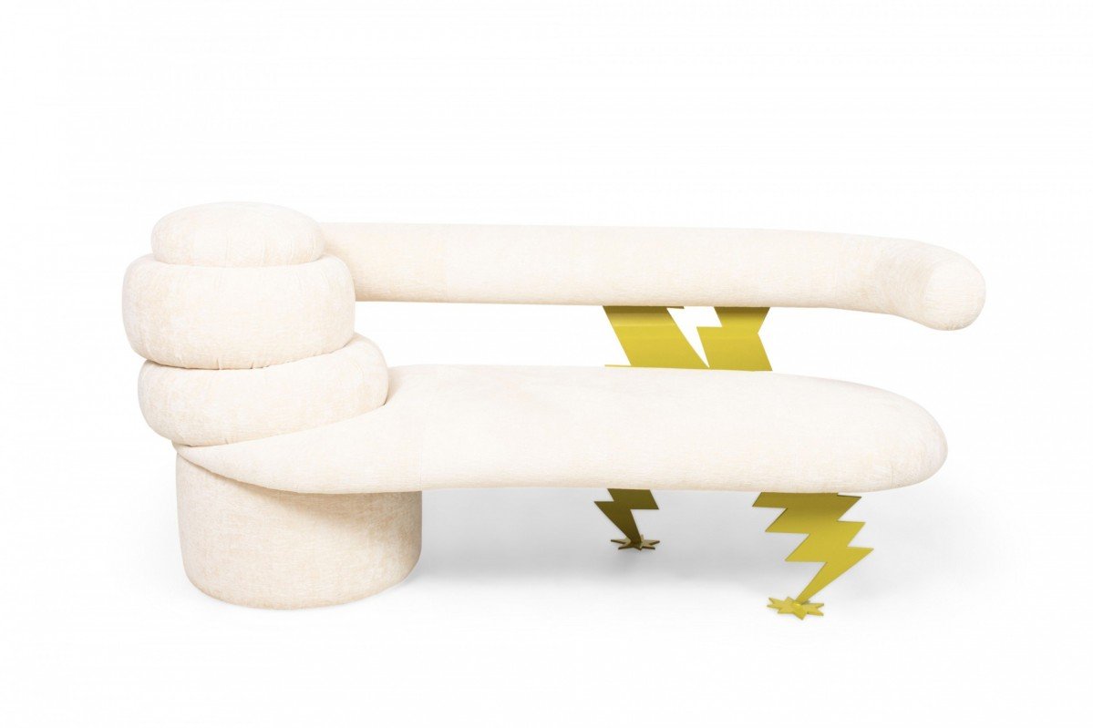 American memphis style beige velvet upholstered cloud and lightning bench sofa