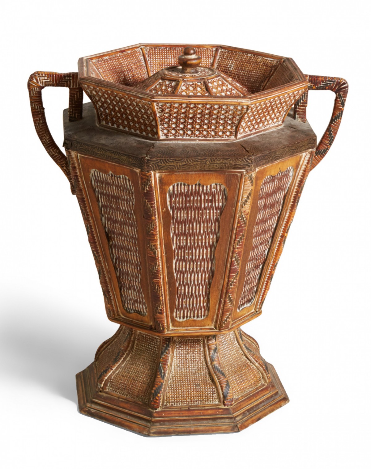 Vintage lidded and footed woven wicker basket with handles