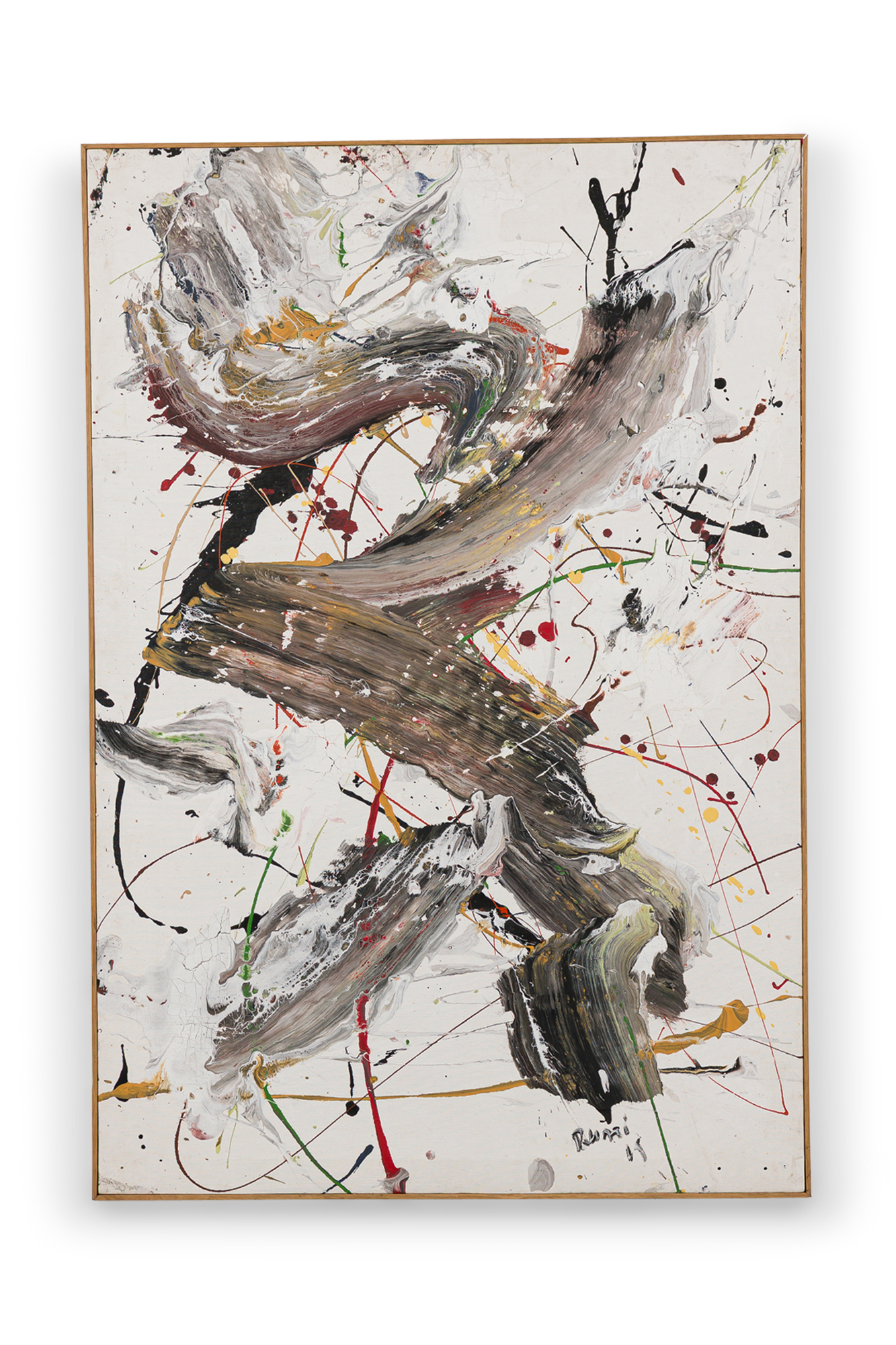 Contemporary Abstract Composition of Broad Colorful Brushstrokes and Paint Splatter of Acrylic on Canvas