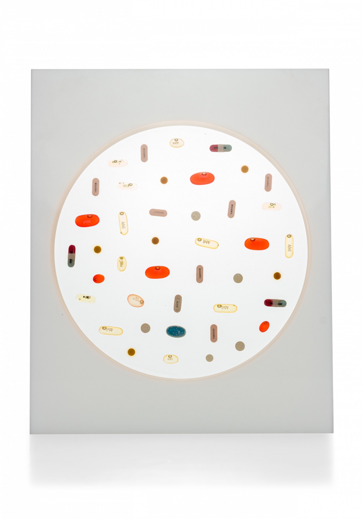 Ray Geary Contemporary Rectangular Resin and Pill Sculpture Titled White Pill Circle