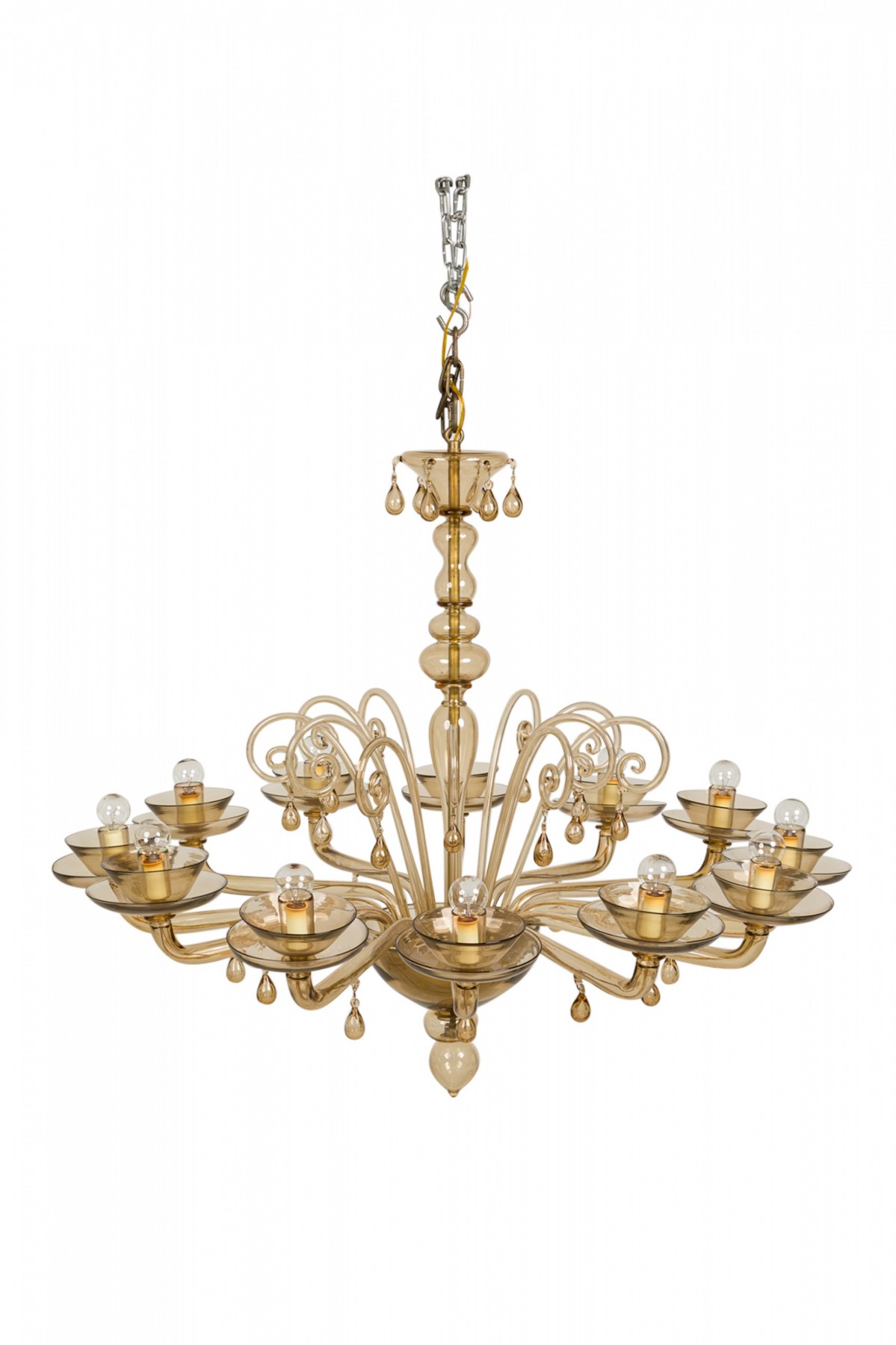 Italian Murano Art Moderne Amber Blown Glass 12 Arm Chandelier