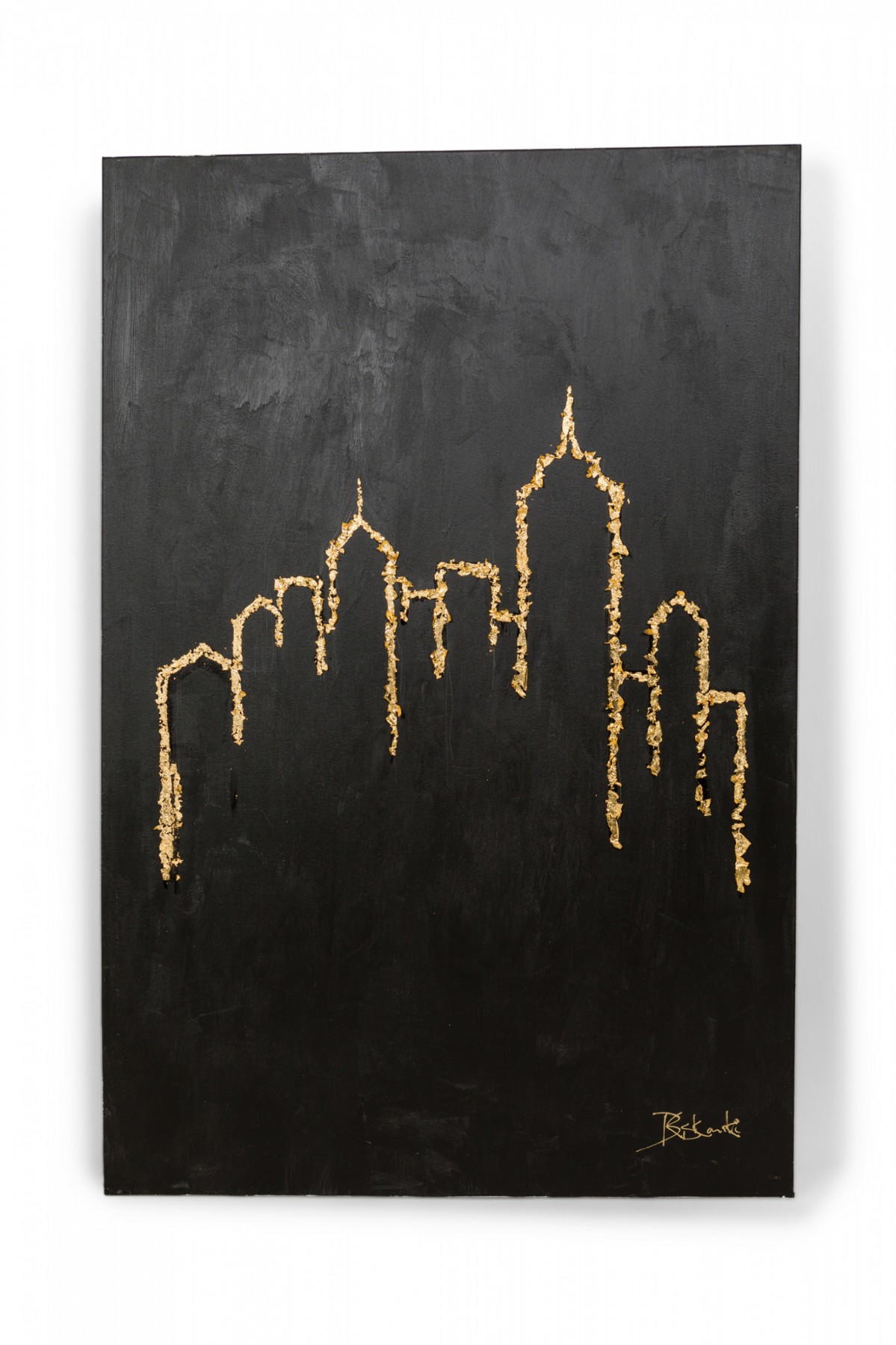 Contemporary Gold Leaf and Black Acrylic Abstract New York Skyline Painting on Canvas