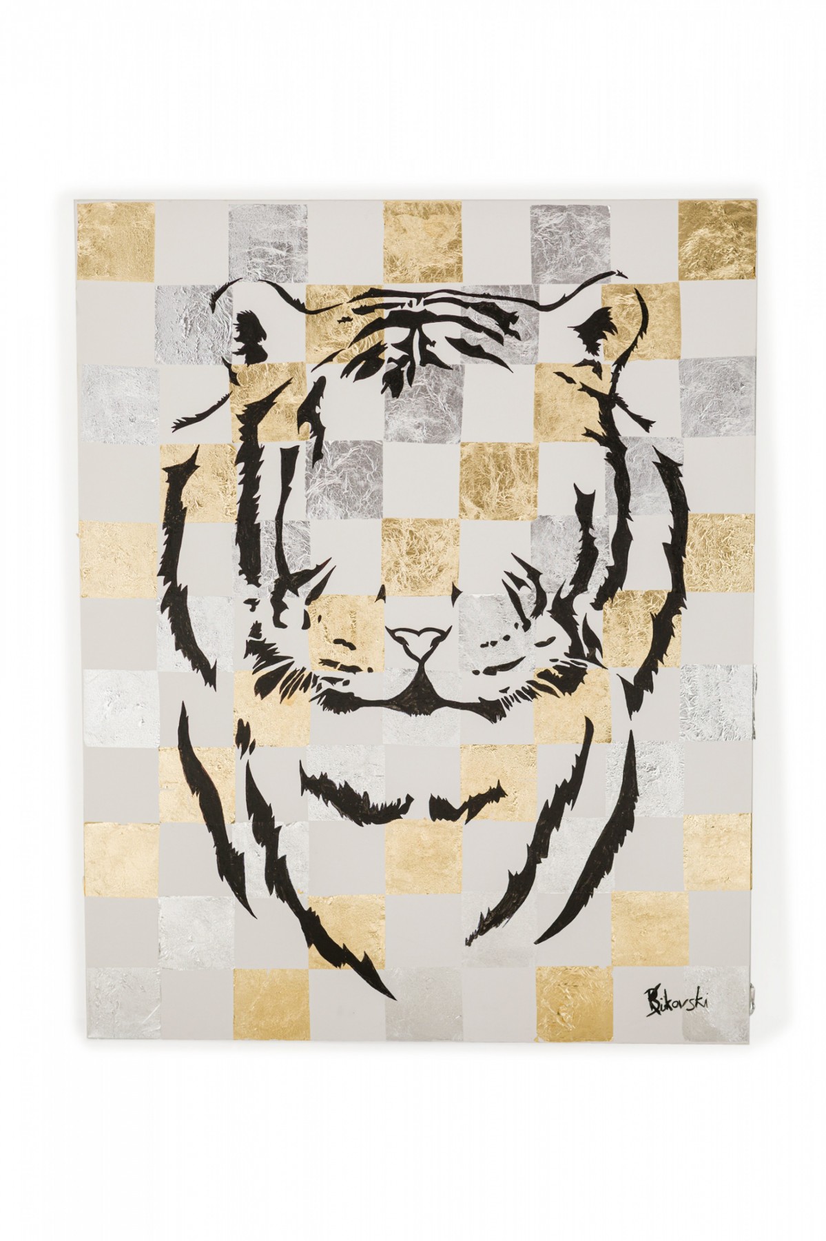 Contemporary Precious Metal Leaf and Acrylic Painting of a Tiger on Canvas