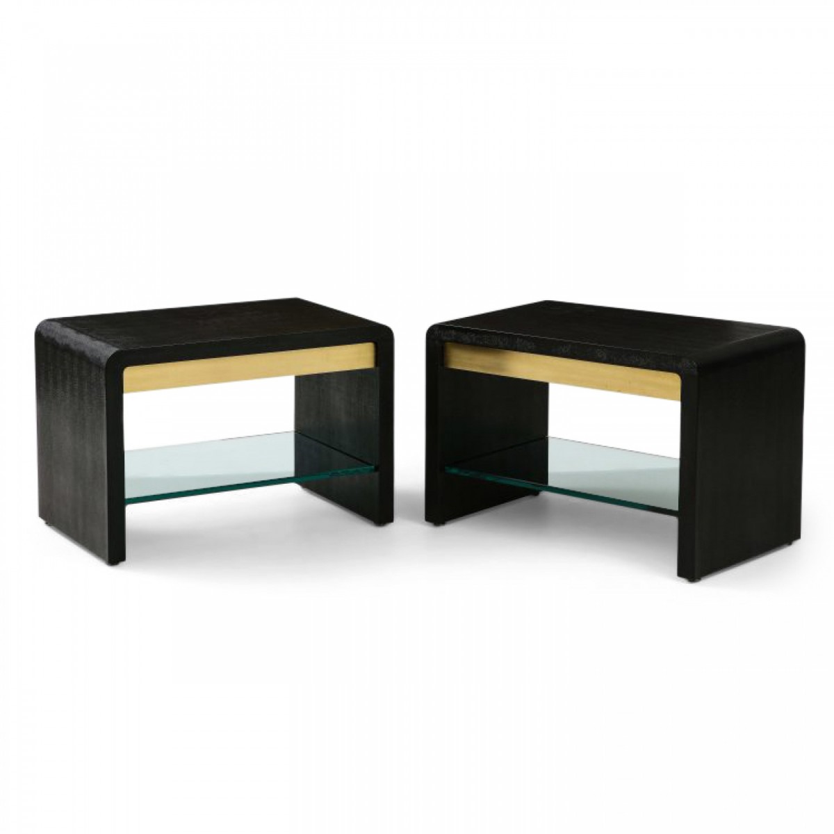 Pair of karl springer mid century black lizard skin brass and glass waterfall side end tables
