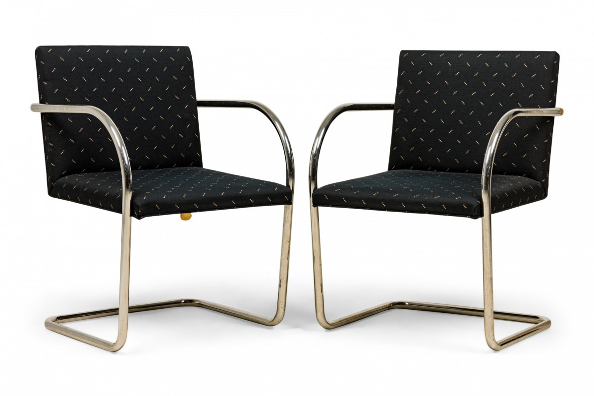 Pair of knoll mid century modern chrome tube and black fabric upholstered brno armchairs