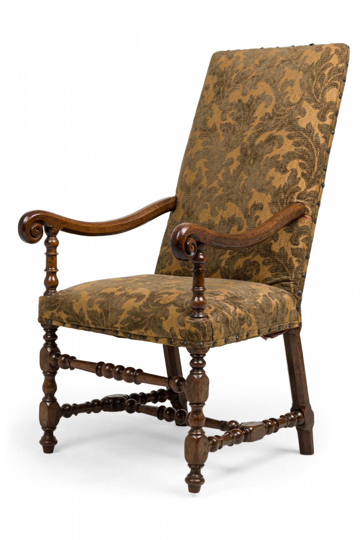 French louis xiv walnut floral tapestry upholstered armchair