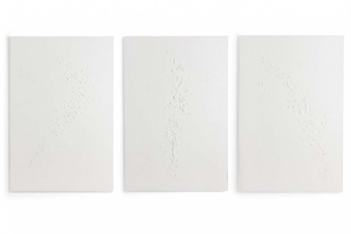 Triptych of contemporary american abstract mixed media white textural paintings on canvas