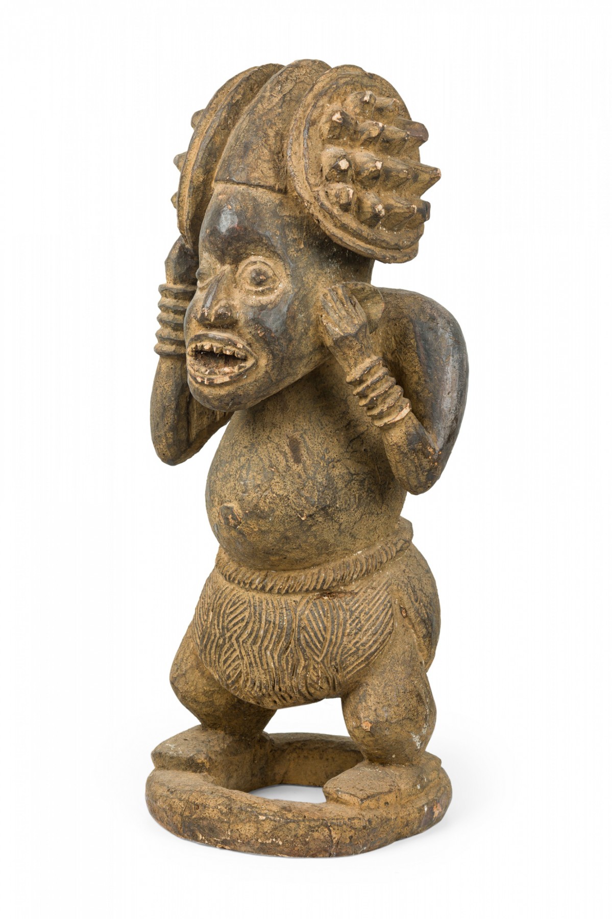 African cameroon 20th century carved wood bameleke chief squatting figure on circular base