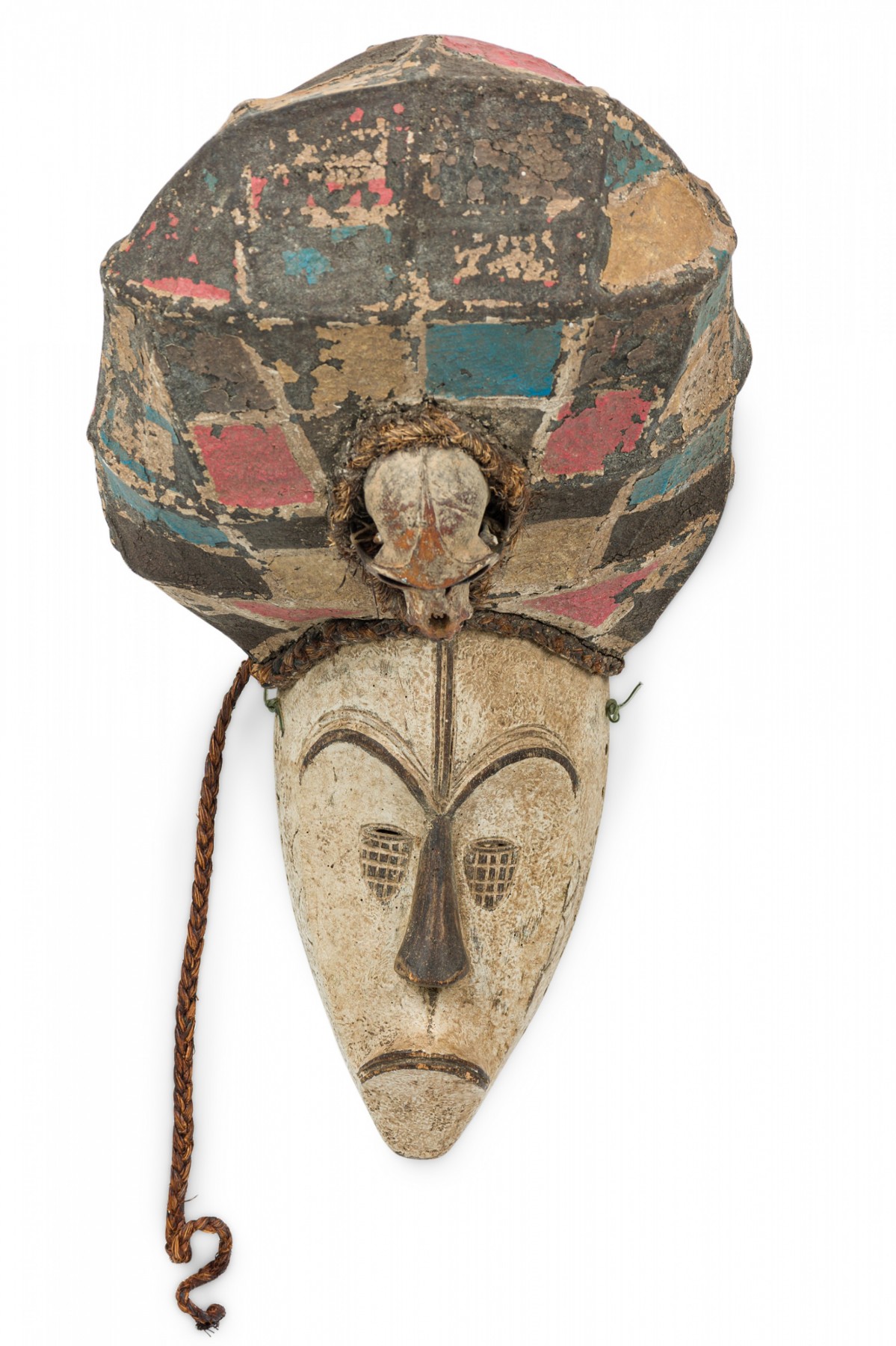 African gabon late 20th century carved painted wood fang headdress mask with monkey skull