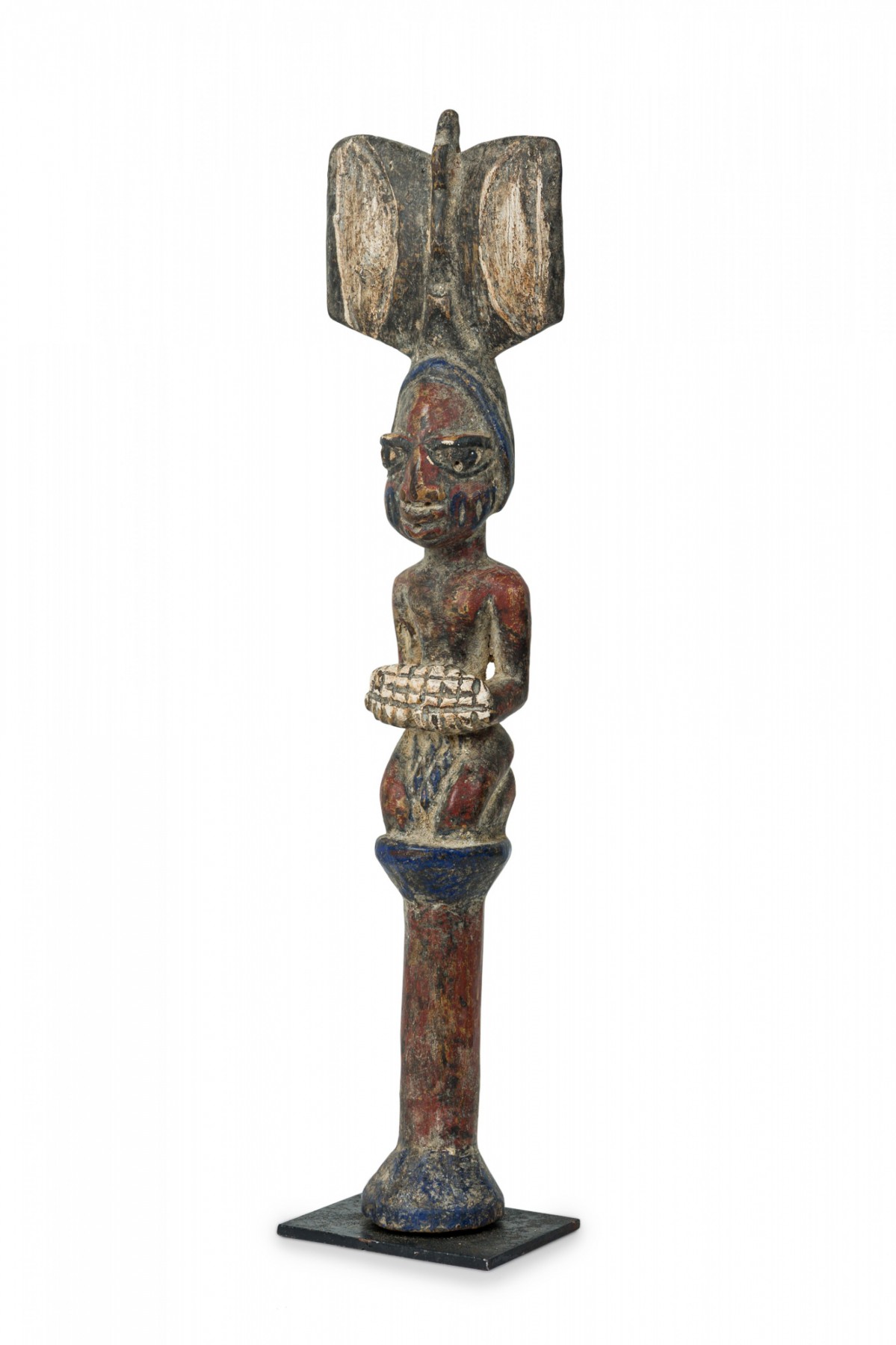 African 19th century carved painted wood yoruba shango figure on metal stand