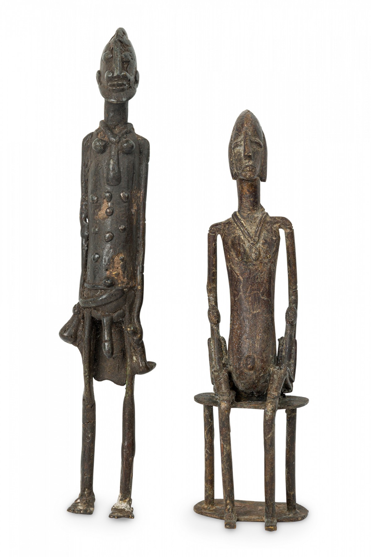 Pair of african mali 20th century bronze dogon male female ancestor figures