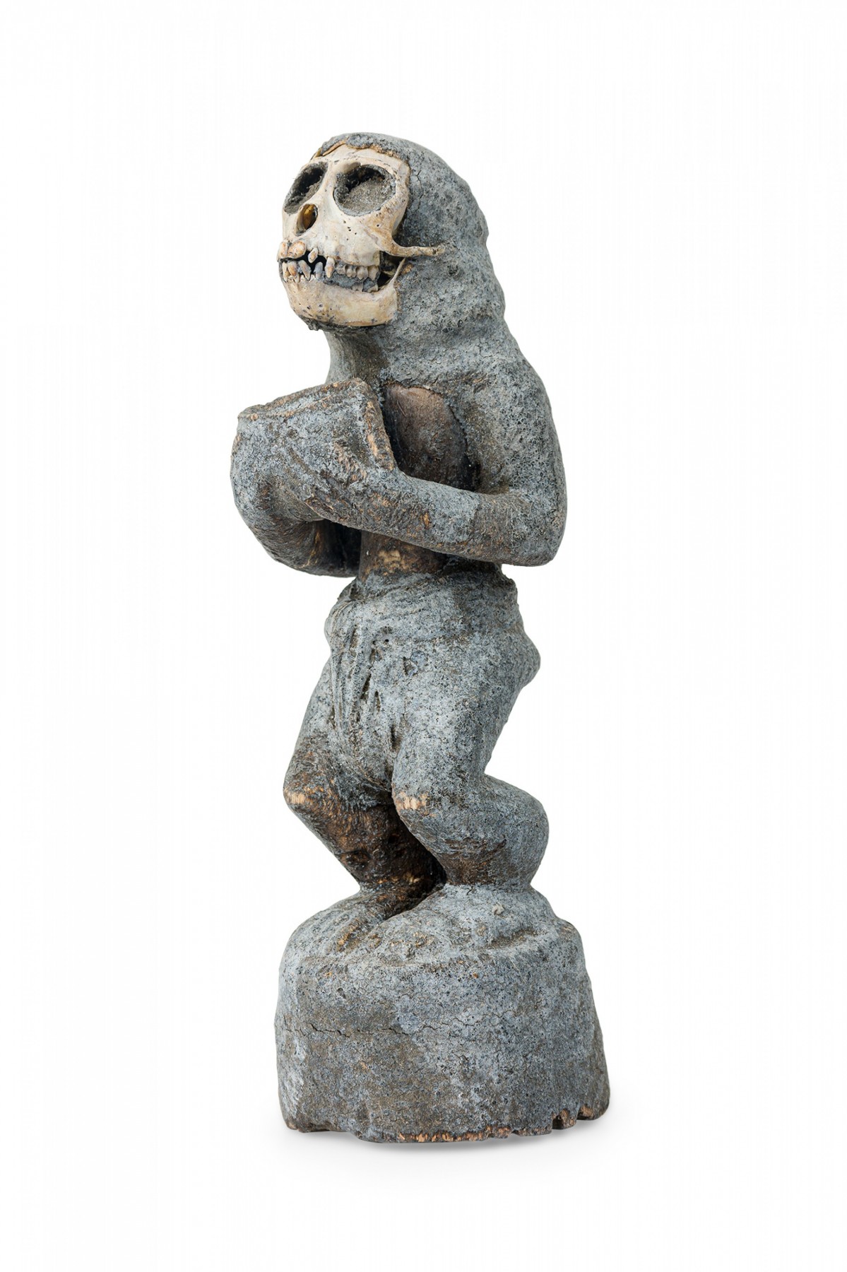 African ivory coast 20th century carved wood composite baule monkey figure with skull