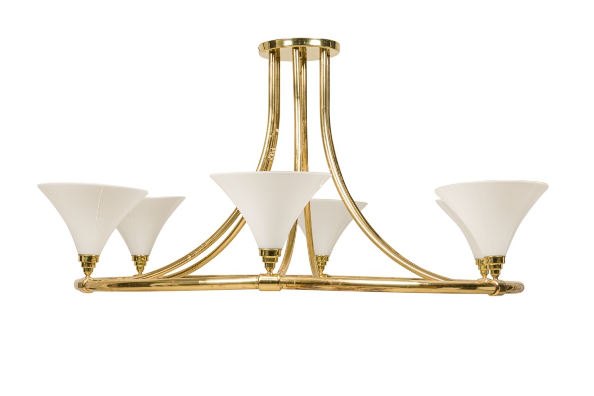 Continental mid century monumental brass and white glass 6 light chandelier