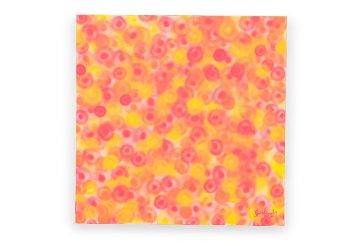 American contemporary abstract spray painted acrylic on canvas titled orange yellow and pink 2024