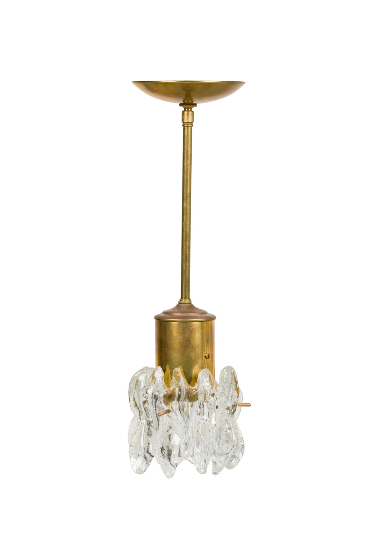 2 mid century chandelier with cylindricaal brass body supporting a clear freeform glass bottom shade
