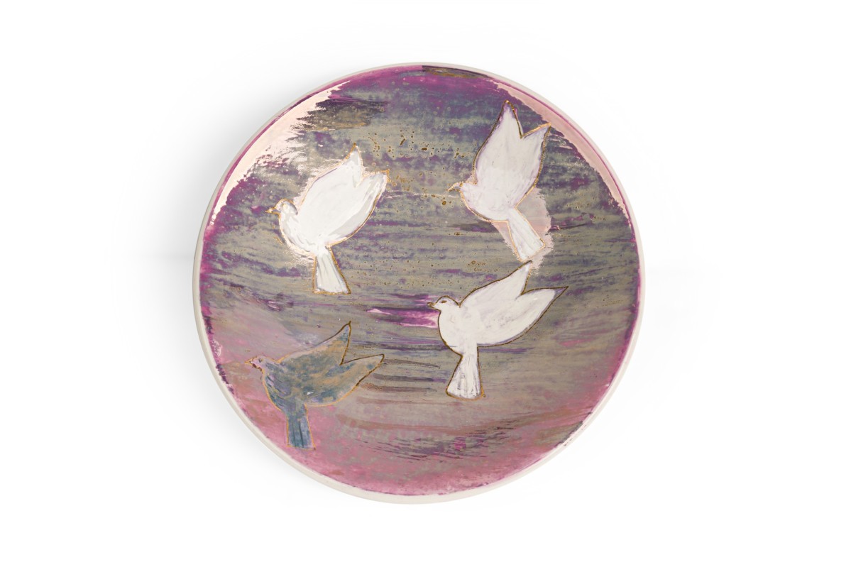 American contemporary hand painted plate of birds in flight 