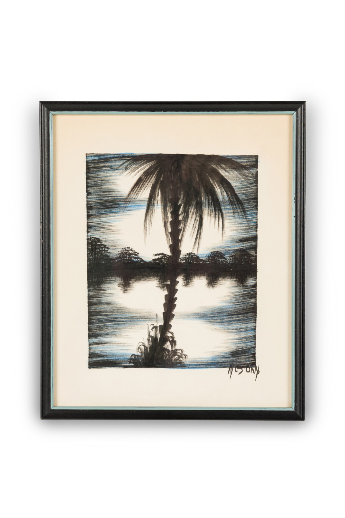 Vintage asian framed ink drawing of a fishing village scene 2