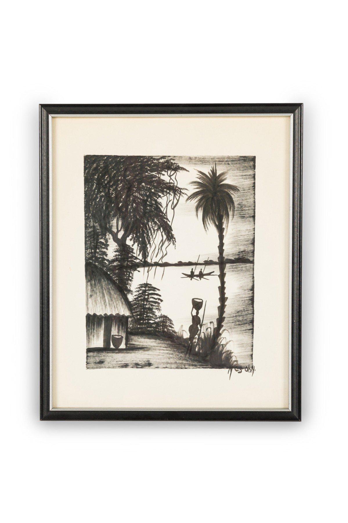 Vintage asian framed ink drawing of a fishing village scene 3