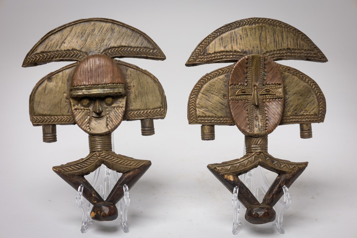 Pair african gabon late 20th century hand carved wood & copper kota mahongwe reliquary figure pair