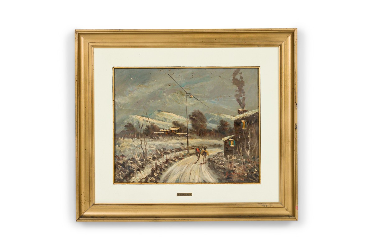 English victorian landscape painting of two people walking on a snowy road 