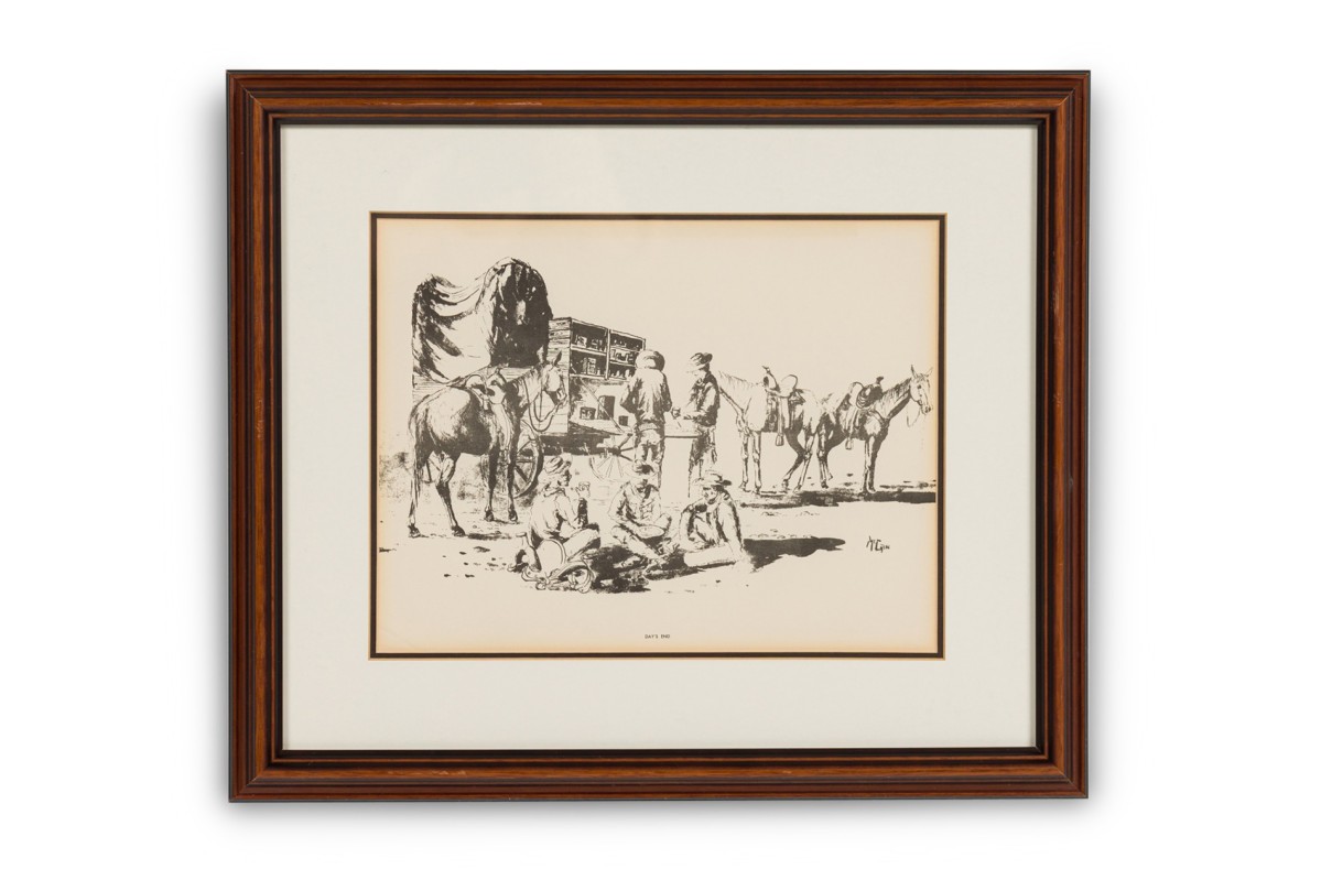 American country framed print of western cowboys and horses at rest titled days end