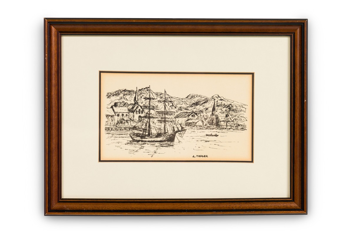 American country seascape sketch of a port town and a sail boat 