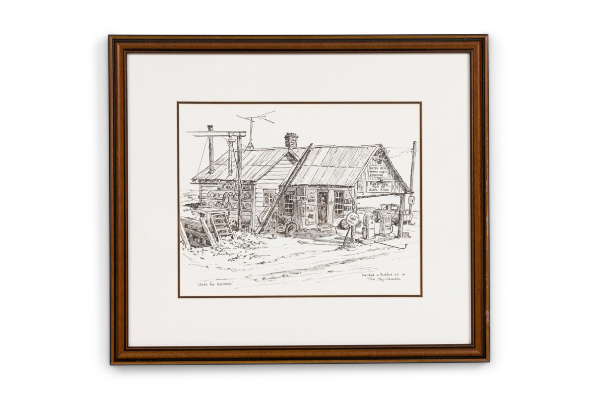 American mid century sketched genre scene of a gas station store front 