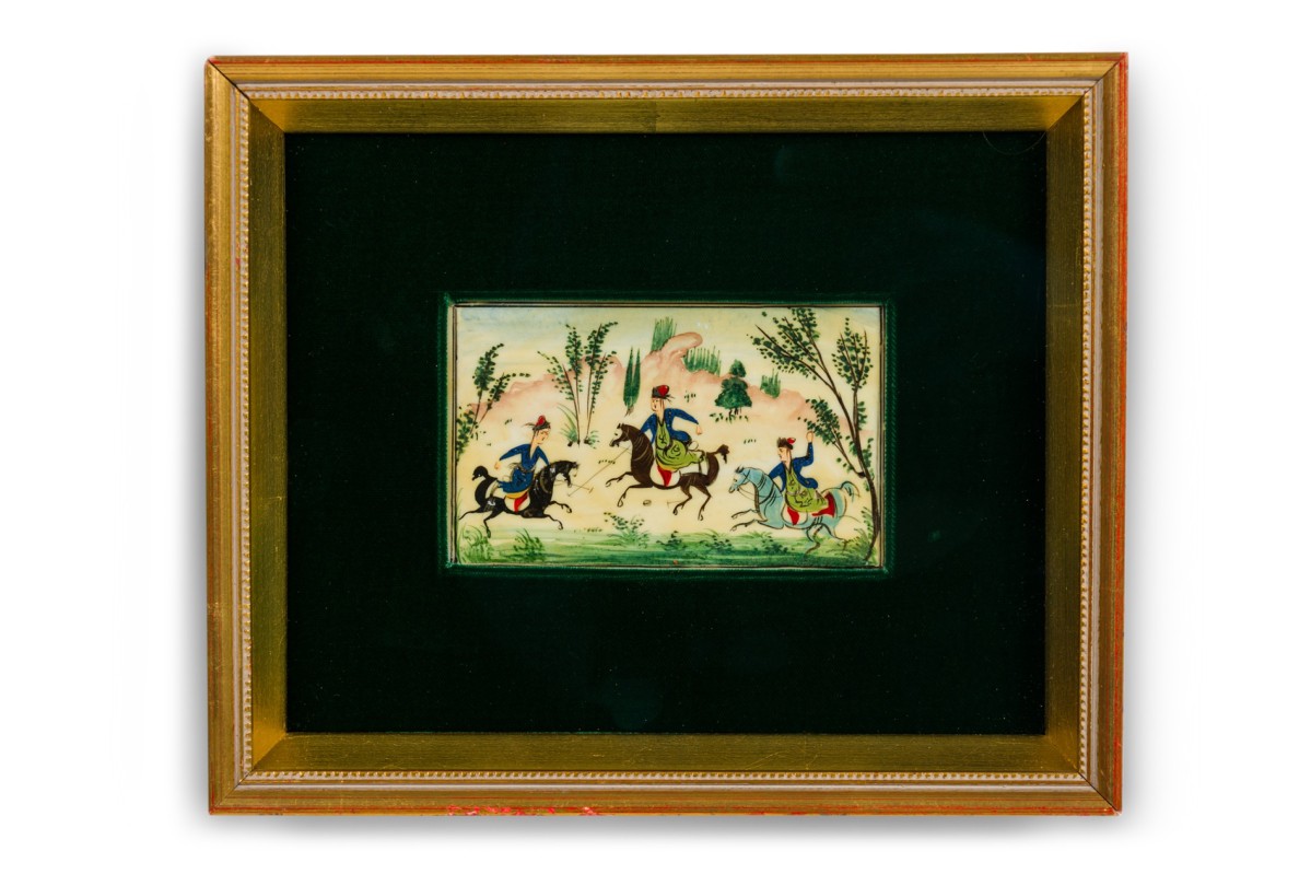Asian framed print of three people riding horses 