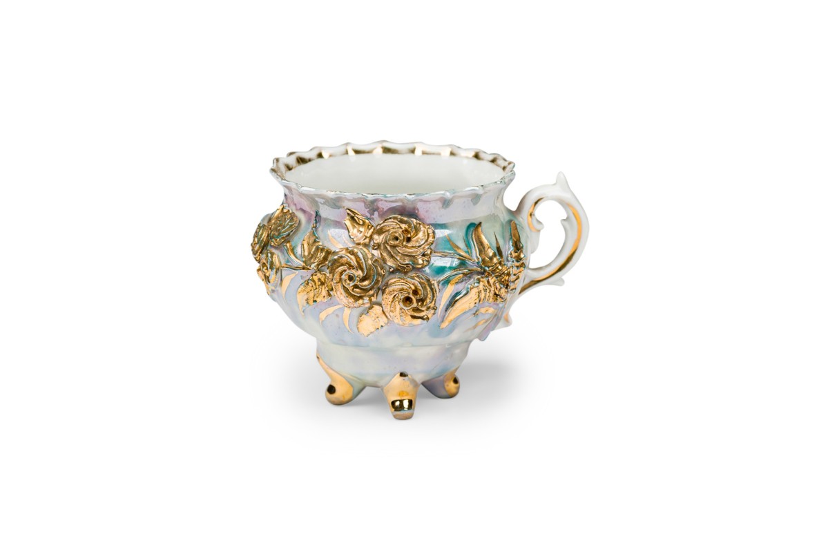 English victorian gilded floral deep relief footed tea cup