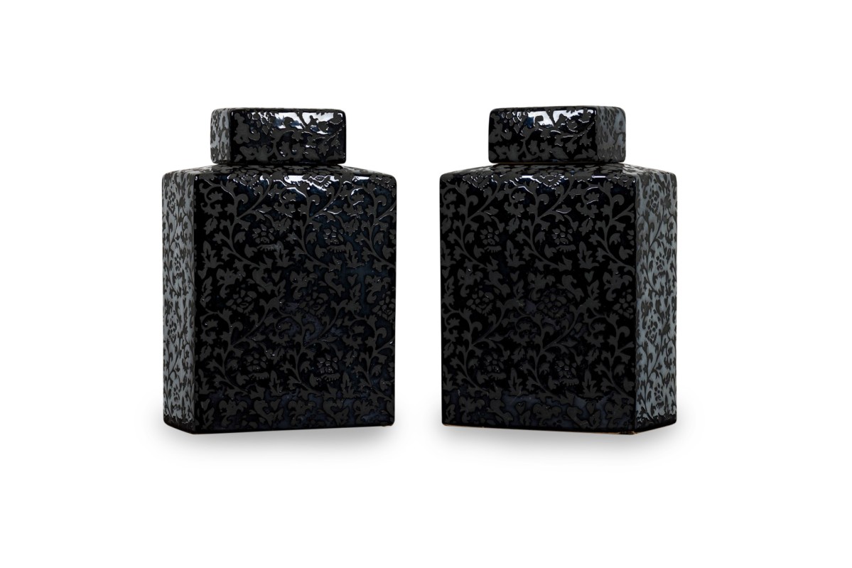 Pair of Asian Contemporary Black and Grey Ceramic Decorative Lidded Jar 