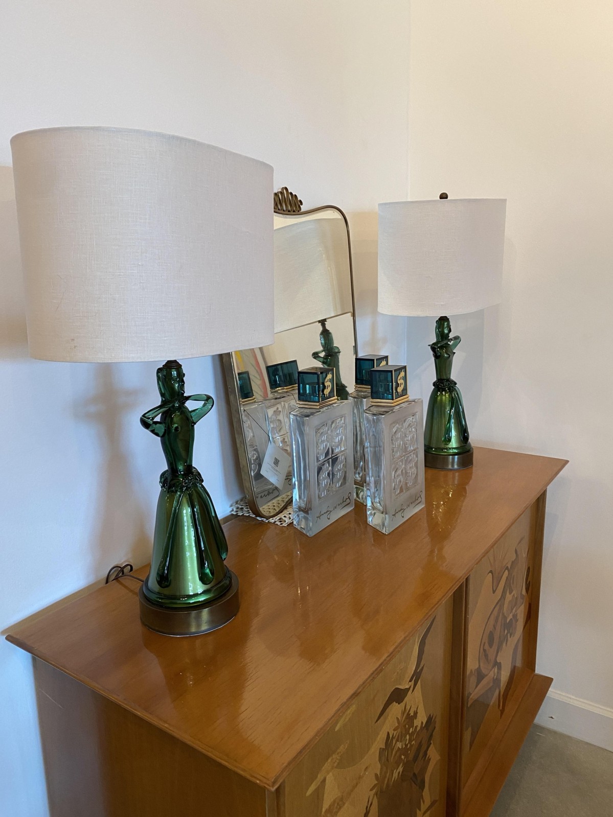 Pair of italian mid century murano green art glass figural lamps