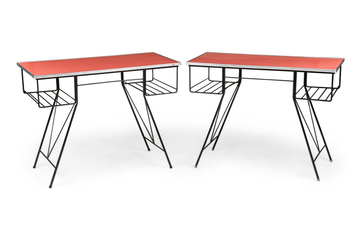 Pair American Mid Century Modern 1950 Cast Iron and Pink Desk a