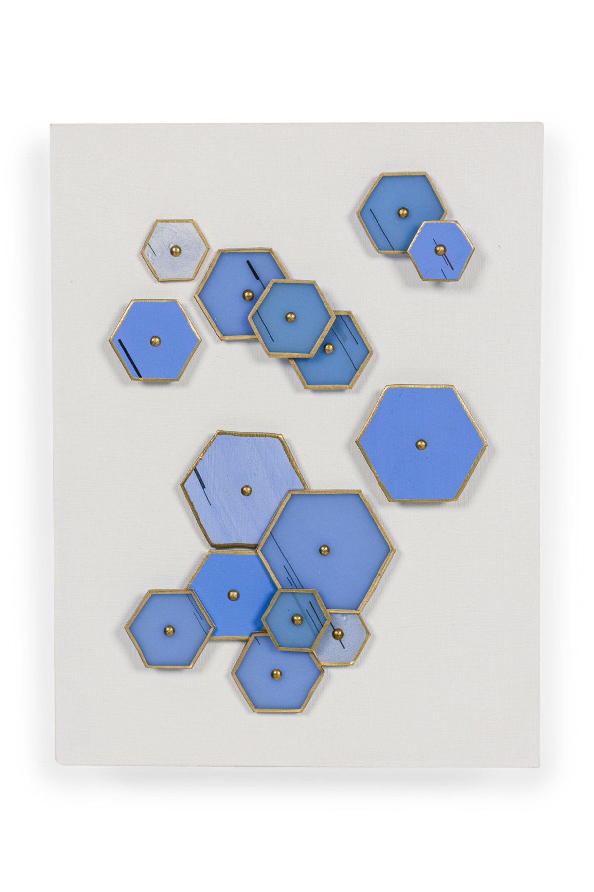 Natale Adgnot American Contemporary Mixed Media Wall Sculpture Titled Little Blue Hexagons