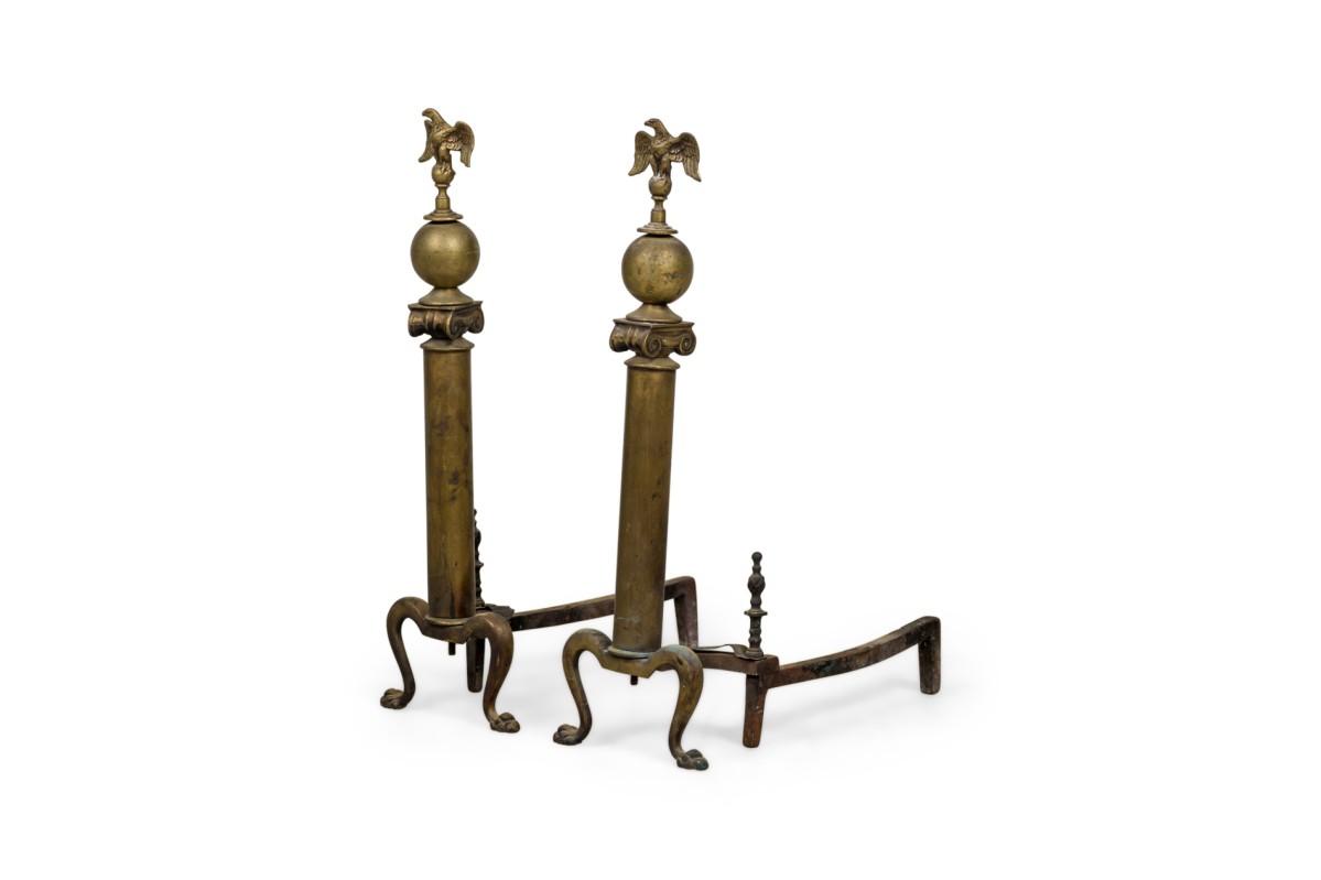Pair of american country fireplace andirons with eagle top