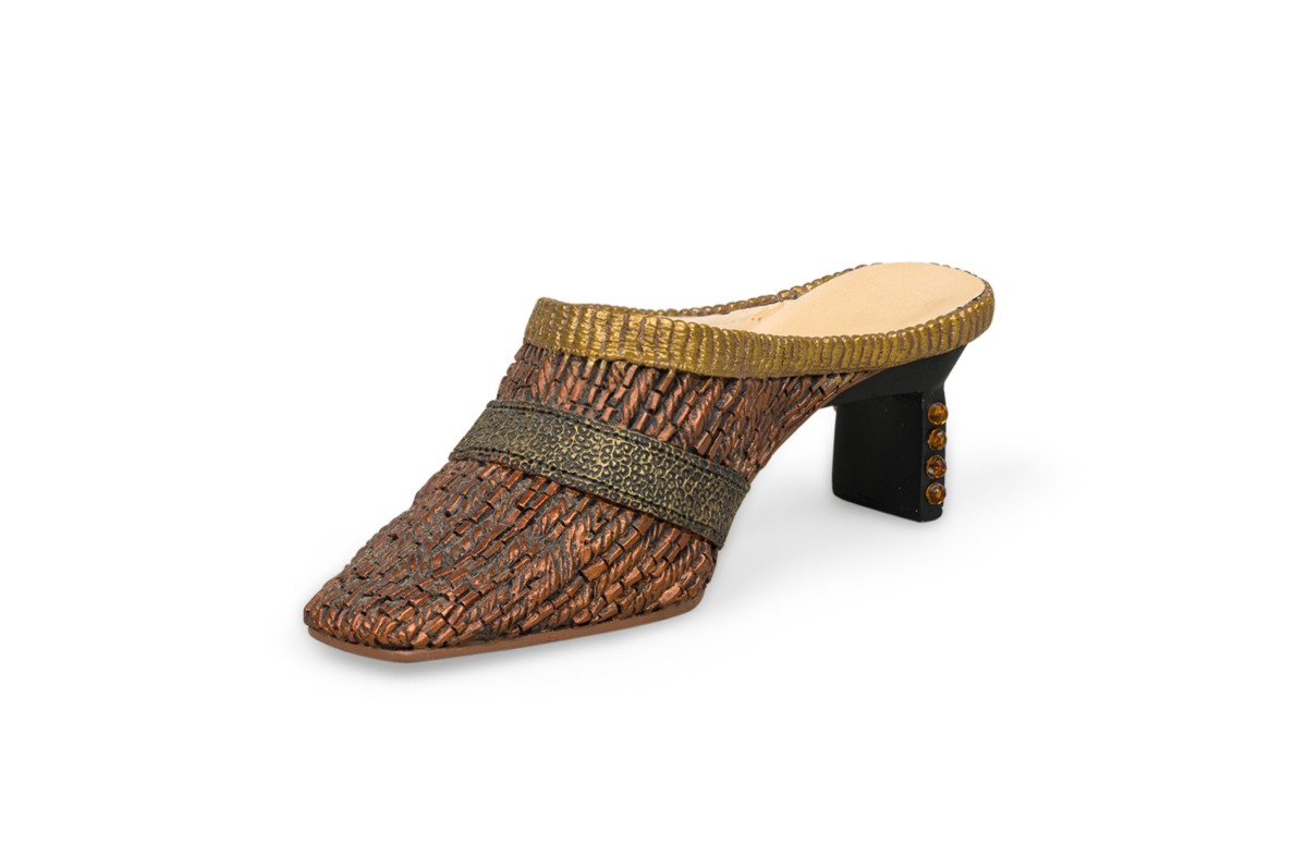 Mid century continental small figurine of a brown shoe with gold 