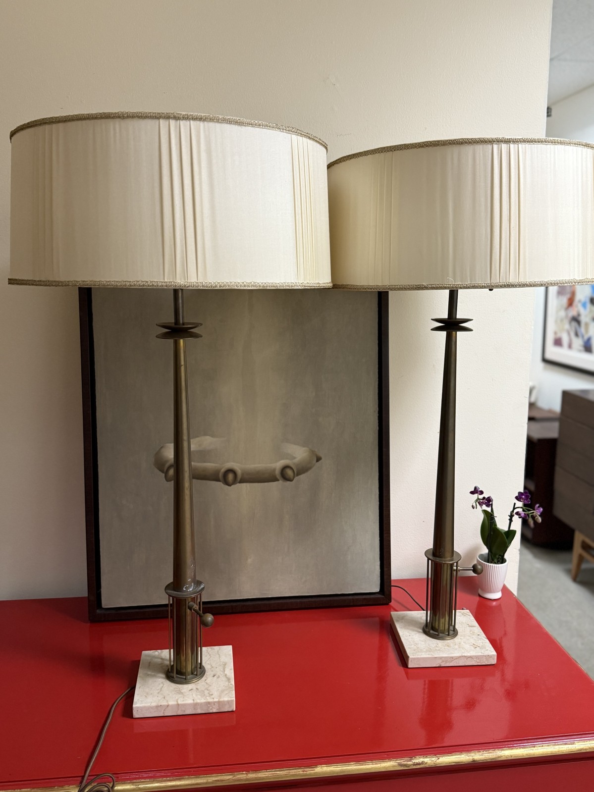 Brass travertine tall table lamps